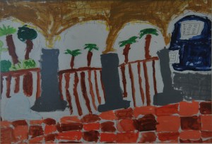 小学生のスケッチ。別荘のベランダから庭園をみた風景です。